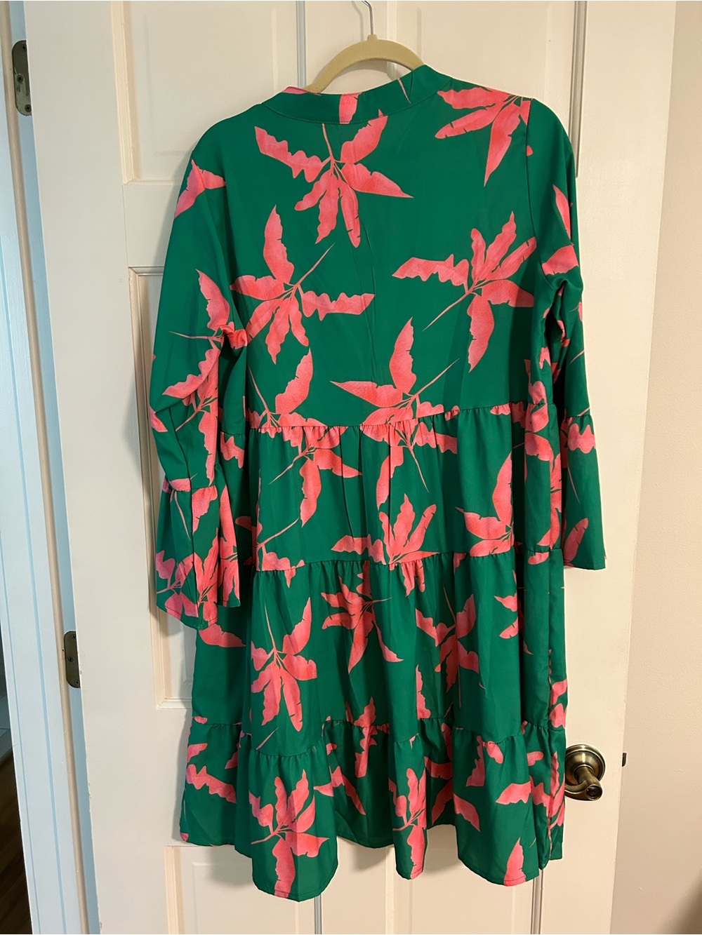 Green Tiered Midi Dress with Pink Leaf Print